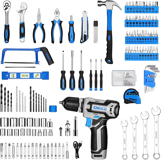 Tool Set: Tool Kit with 12V Cordless Drill, Hand Toolbox with storage case, Mechanic Tool set for Home Repairs, Blue
