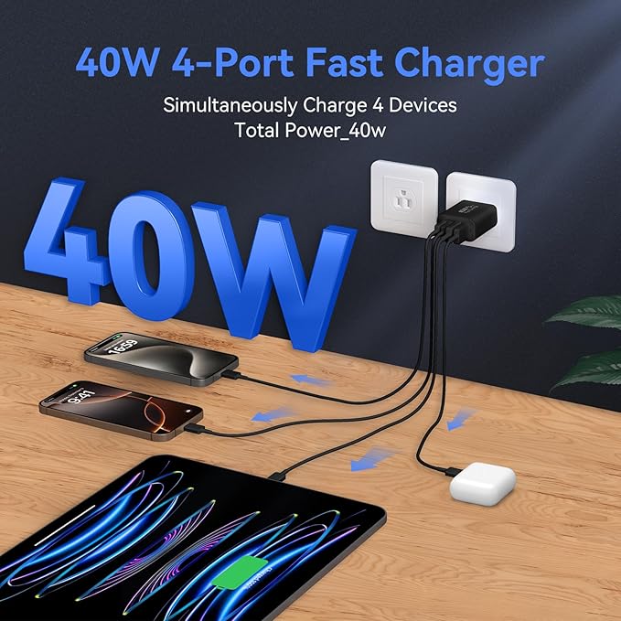 USB C Wall Fast Charger Block, 40W 4-Port Type C Chargers Fast Charging Blocks PD Power Charger Adapter+QC 3.0 USB Multiport Charger Brick for Phone 17/16/15/14/13/12 Pro Max, i-Pad, Galaxy S25-2Pack