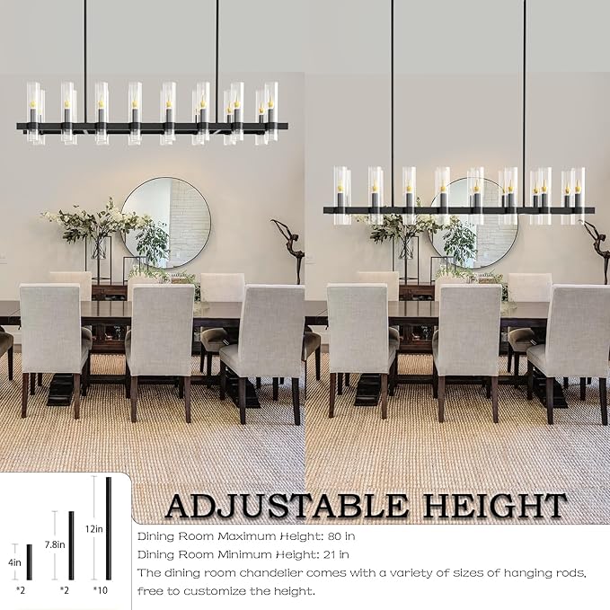 Modern Black Island Rectangle Chandelier with Clear Glass,63” Adjustable Height Modern Linear Light Fixture 16 Light Dining Room Chandelier Over Table for Dining Room Kithen Island