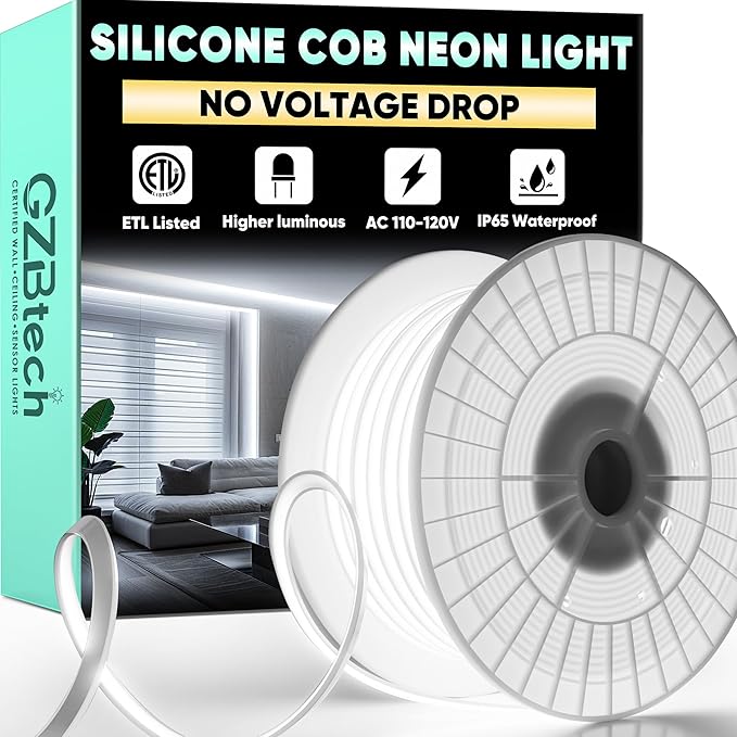 GZBtech Silicone COB Neon Rope Lights 132FT/40M, 6000K Super Bright Cold White Waterproof Neon Strip Light, AC 110-120V Flexible Soft Cuttable Tape Rope Lighting for Indoor Outdoor Home Commercial