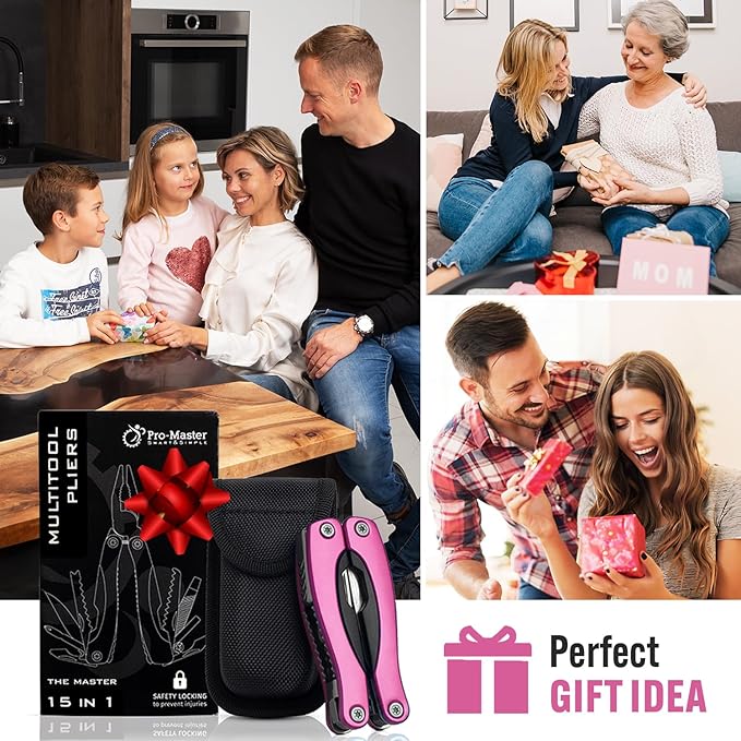 Pink Multitool 15-in-1 for Mom, Wife, Daughter, Grandma, Practical EDC Multi Tool Pliers, Pocket Knife with Safety-Locking, Great for Hiking, Camping, Simple Repairs, Car Glove Box