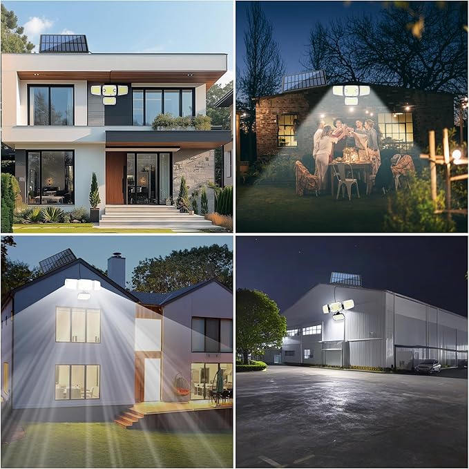 Solar Outdoor Lights, 3000LM 4 Heads LED Floodlights, Remote Control Solar Motion Dual Sensors Security Lights, IP65 Waterproof Wall Lights for House, Patio, Fence, Garden, Yard, Garage
