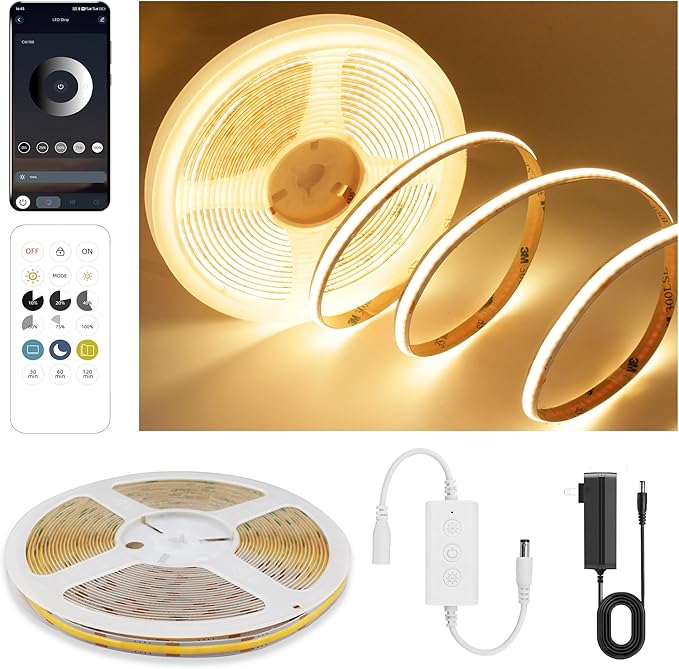 COB LED Strip Lights Warm White,24V Dimmable led Light Strip KIT with Remote and app Control,2700K 9.84FT/3m 8mm Wide Ra>90 Cuttable Flexible Strip Lights for Bedroom,TV Lights,Cabinet