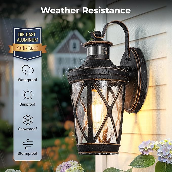 VIANIS Motion Sensor Outdoor Porch Lights, Modern Dusk to Dawn Exterior Wall Light Fixtures, Oil Rubbed Bronze Gold Trim Wall Lanterns for Garage, Waterproof Coach Lights with Adjustable Sense Range