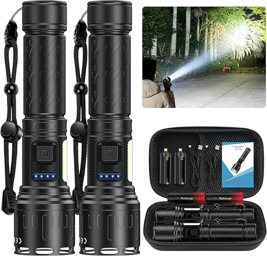 Rechargeable Magnetic Flashlights High Lumens, Super Bright LED Powerful Flashlight 8 Modes with COB Work Light, Waterproof Handheld Flash Light for Camping (2 Pc with Leather Box, Black)