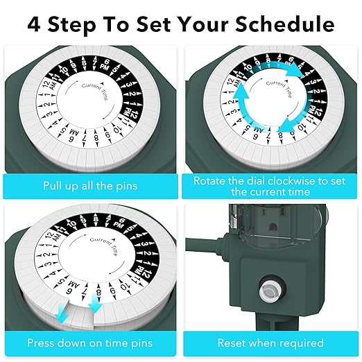 HBN 24 Hour Mechanical Outdoor Tmer for Lights Waterproof,6 Outlets Power Yard Stake for Halloween/Christmas Decorations,Outside Power Strip for Yard Garden,6 ft Extension Cord,1875W/15A