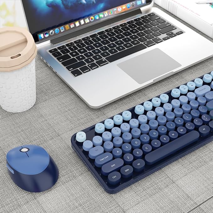 Wireless Keyboard and Mouse Combo, Retro Typewriter Keyboard with Round Keycaps, Full-Size Ergonomic, Blue, Ideal for Windows PC, Home, Office, and College, Wireless Keyboard Mouse Combo
