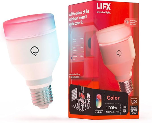 LIFX Color, A19 1100 lumens, Wi-Fi Smart LED Light Bulb, Billions of Colors and Whites, No bridge required, Works with Alexa, Hey Google, HomeKit and Siri, Multicolor