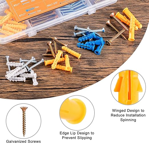 KURUI Wall Anchors Kit for Hanging Wall Art Decor, 160Pcs Drywall Anchors Assortment Kit for Frame Shelf Decorations, Plant Hooks, 135 Screws and 135 Plugs, Picture Hangers for Drywall Concrete Brick