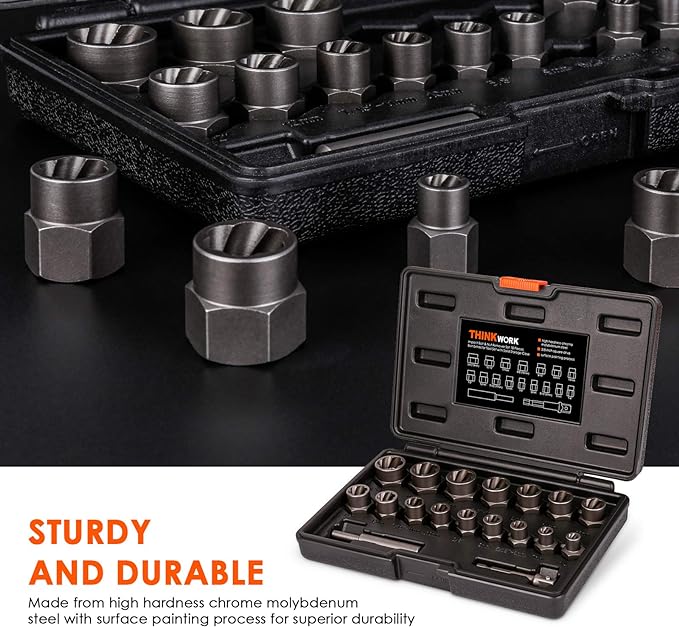 THINKWORK Bolt Extractor Kit, 18-Piece Nut Extractor Socket Set, 3/8" Drive Rounded Bolt Remover, Lug Nut Removal Tool for Damaged, Rusted, Rounded-Off, Stripped Fasteners