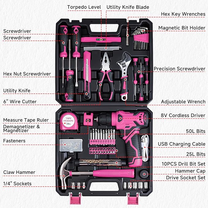 Tool Set - 8V Cordless Drill Kit, 132 Piece Box With Hand Drill, Home Kits for Men & Women, Perfect for Homeowner, Diyer, Handyman - Pink