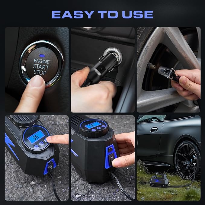 Tire Inflator Portable Air Compressor, DC 12V Tire Air Pump with LED and 150PSI Digital Pressure Gauge, Portable Tire Inflator for Car Tires, Motorcycles, Bike, Ball (Blue)