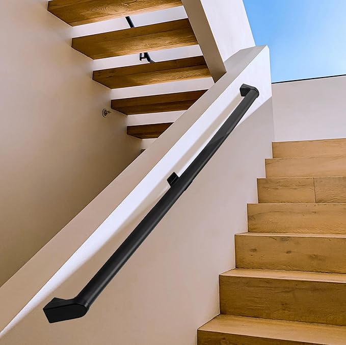 Handrails for Indoor Stairs,Railings，Outdoor Stairs Handrail，Modern Aluminum Handrail Set, Wall Mounted，Wall Return Bracket More Safety, Rust Free. (Matte Black, 17 FT)