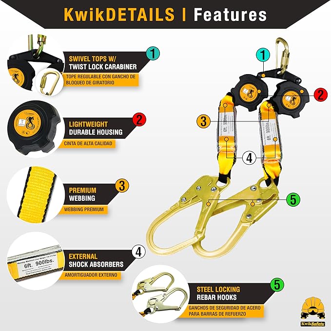 KwikSafety - 6' COBRA Web Twin-Leg Self Retracting Lifeline [NO Tangle Web] Class 1 Retractable SRL Lanyard ANSI OSHA