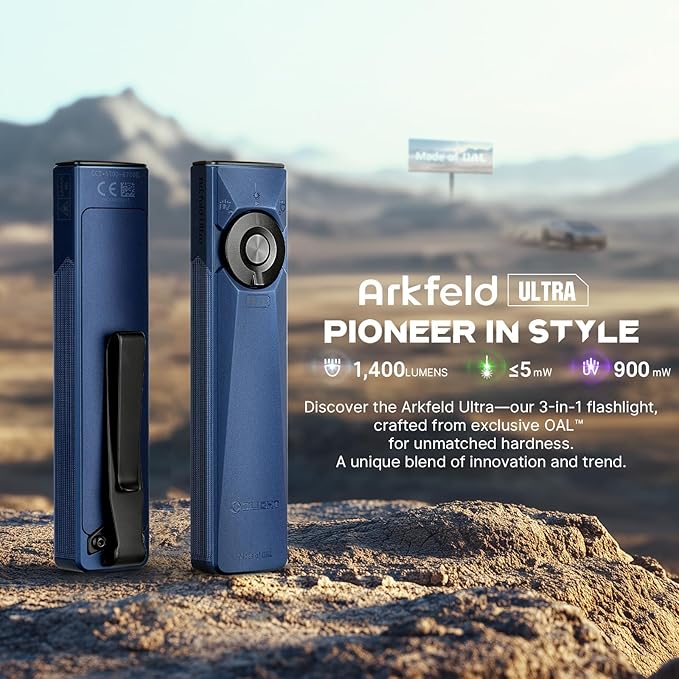 OLIGHT Arkfeld Ultra 1400 Lumens EDC Flat Flashlight, Rechargeable Compact Pocket Flash Light Combines White LED, UV and Green Beam, Triple Sources Perfect for Checking, Working (Navy Blue CW)