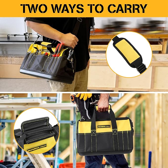 Olympia Tools 16 Inch Wide Mouth Tool Bag, Tool Tote with Water Proof Molded Base, Tool Bags for men with 21 Pockets and 7 Belt Loops, Padded Handle, Adjustable Shoulder Strap