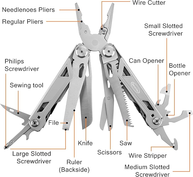RoverTac 16-in-1 Multitool Pliers with Knife, Scissors, Saw & Screwdrivers – Heavy-Duty Multi Tool Pocket Knife with Nylon Sheath – Ideal for Camping, Hiking, Survival, DIY & Everyday Carry