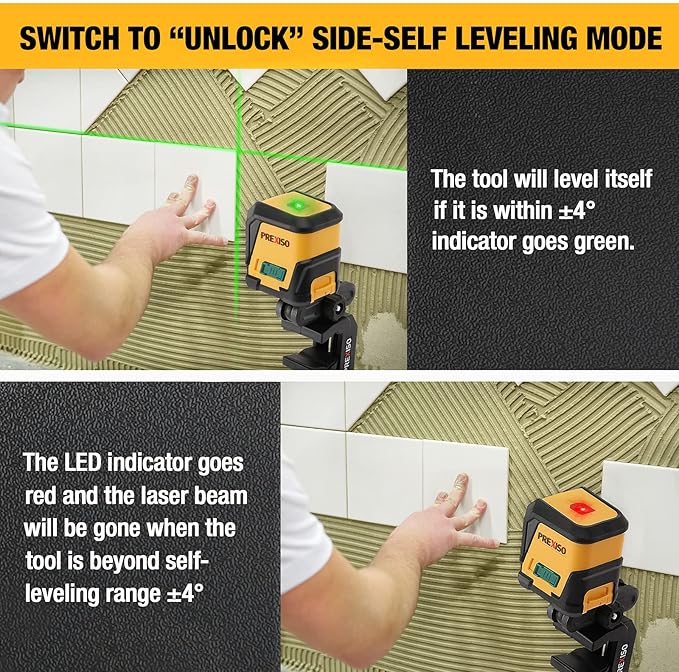 PREXISO Laser Level with Tripod, 65Ft Self Leveling Cross Line Laser Level, Green Line leveler Tool for Hanging Picture, Floor Tile, Home Renovation with LED Indicator & 2 AA Batteries (360°Clamp)