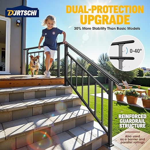 Updated Handrails for Outdoor Steps, 4-5 Steps Wrought Iron Stair Railing with Fence, Flexible Exterior Hand Railing for Concrete or Wooden Stairs, Black Transitional Handrails with Installation Kit