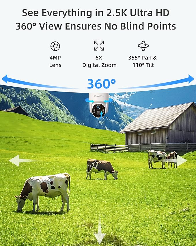 4G LTE Outdoor Solar Powered Cellular Security Camera Wireless, Off-Grid Camera No WiFi, 2.5K UHD Color Night Vision, 360° Live View, Local/Cloud Storage, IP66 Weatherproof, SIM Card, 2 Packs