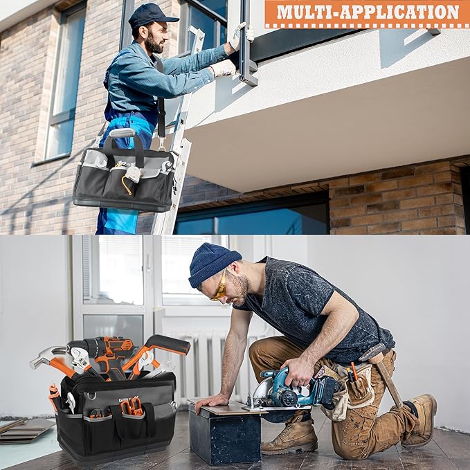 17-inch Tool Bag, Tool Box Organizer Storage, Wide Mouth Tool Tote Bag with Large Zipper, 17-Pocket Portable Adjustable Shoulder Strap and Ergonomic Handle (17" Molded Base)