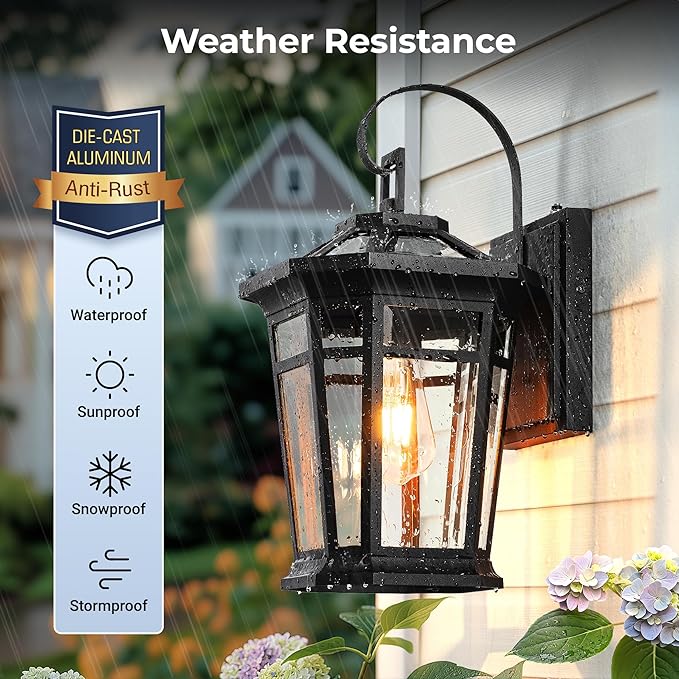 VIANIS Large Outdoor Light Fixture, Black Modern Dusk to Dawn Outside Lighting with Transparent Tempered Glass, Aluminum Waterproof and Anti-Rust Exterior Lighting Fixtures for Porch, Garden, Doorway
