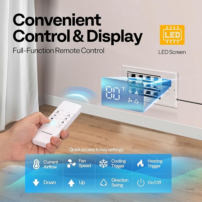 VIVOHOME 4'' x 10'' Opening Register Booster Fan with Adjustable Wind Direction Louver, Smart Intelligent Thermostat & 10-Speed Remote Control - 11.4" x 5.5" Vent Cover for Room, Floor, Wall - White