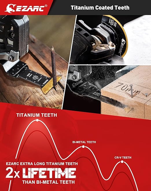 EZARC 7PCS Oscillating Saw Blades, Titanium Multitool Blades for Wood Metal, Multitool Blades Kits with Arc Edge Japanese Teeth Fit Dewalt Milwaukee Bosch
