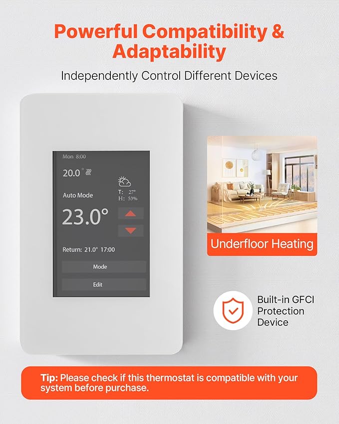 VEVOR 7-Day Programmable Thermostat, Home Thermostats for Radiant Underfloor Heating Cable,Heat Pump with GFCI & Sensitive Sensor,TFT Color Display Touchscreen,Efficient,Gray-White (Without WiFi)