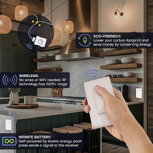 RunLessWire 4-Way Battery-Free DIY Wireless Light Switch Kit 150ft RF Range Self-Powered by Kinetic Energy for Hallways & Stairways: 3 Remote Switches Control 1 5A On/Off Receiver – Gray