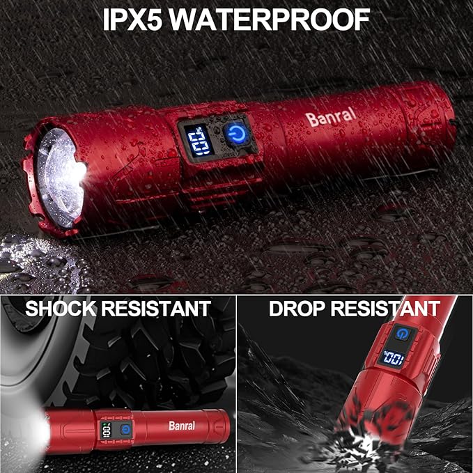 Rechargeable Flashlights High Lumens - Super Bright LED Tactical Flash Light, Powerful Waterproof Handheld USB C Flashlight for Camping,Emergencies,Home,5 Modes,Zoomable (2, Red)