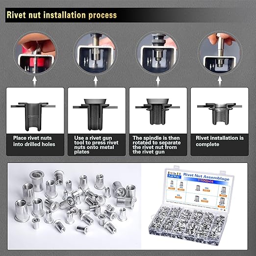 Rivet Nuts 1100 PCS, Metric Insert Rivet Nut Combination Kit, Aluminum Flat Head Thread Insert Rivet Nuts, Suitable for Automotive, Furniture Decoration, Sheet Metal Assembly and Industrial Products