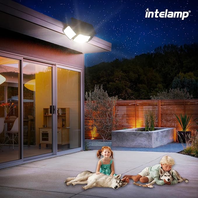 intelamp Solar Outdoor LED Flood Light with 4 Lighting Modes & Remote Control, Dual 180° Motion Sensor, 1200LM, High-Efficiency Panel, 6000mAh Battery, IP65 Waterproof for Garden Patio Yard Security