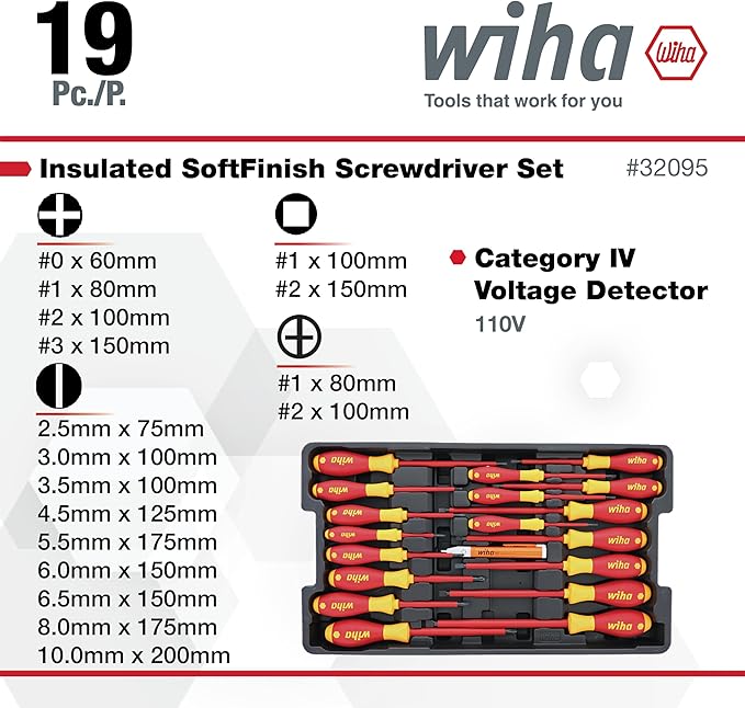 Wiha 32095 Slotted and Phillips Insulated Screwdriver Set, 1000 Volt, 19 Piece