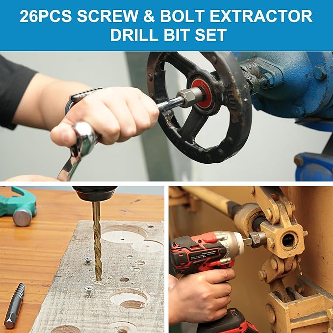 Screw Extractor Set, 26 Pieces Bolt Extractor Kit & Left Hand Drill Bit Kit, Easy Out Bolt Extractor Set with Hex Adapter for Broken, Damaged, Rusted, Rounded-Off Bolts, Nuts & Screws