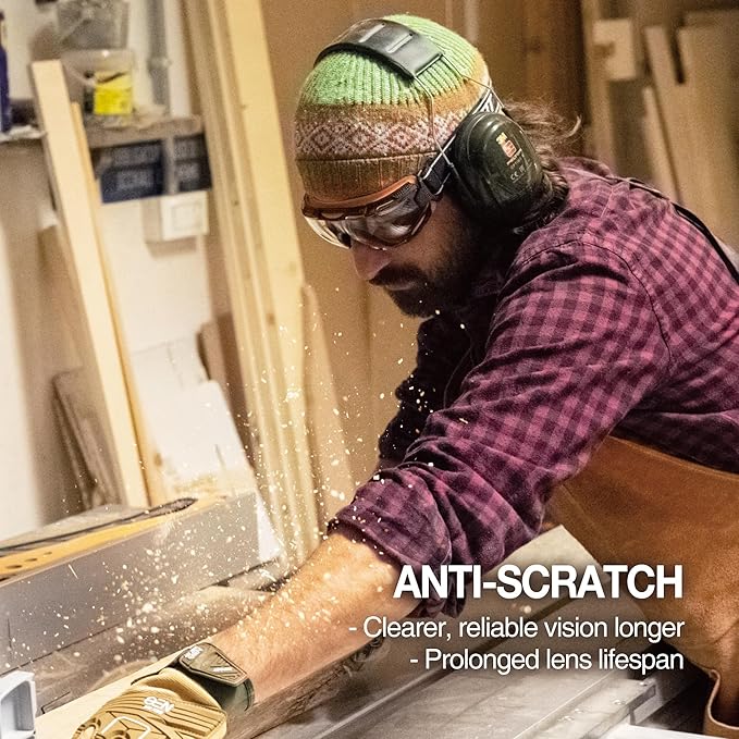 DEX FIT Protective Safety Goggles SG220; Anti Fog & Scratch, Z87 Eye Protection for Work, Adjustable for Women and Men, (Black & Blue Frame, Tinted Lens, 30cm Strap)