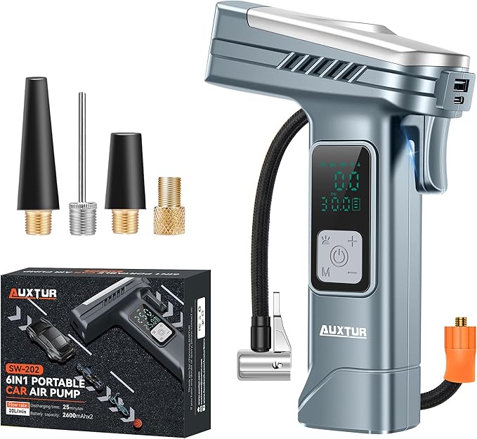 6IN1 Portable Tire Inflator Bike Pump|Escape Tool with Safety Hammer and Seat Belt Cutter|Car Tire Air Pump|Digital Tire Pressure Gauge|Car Accessories for Emergency