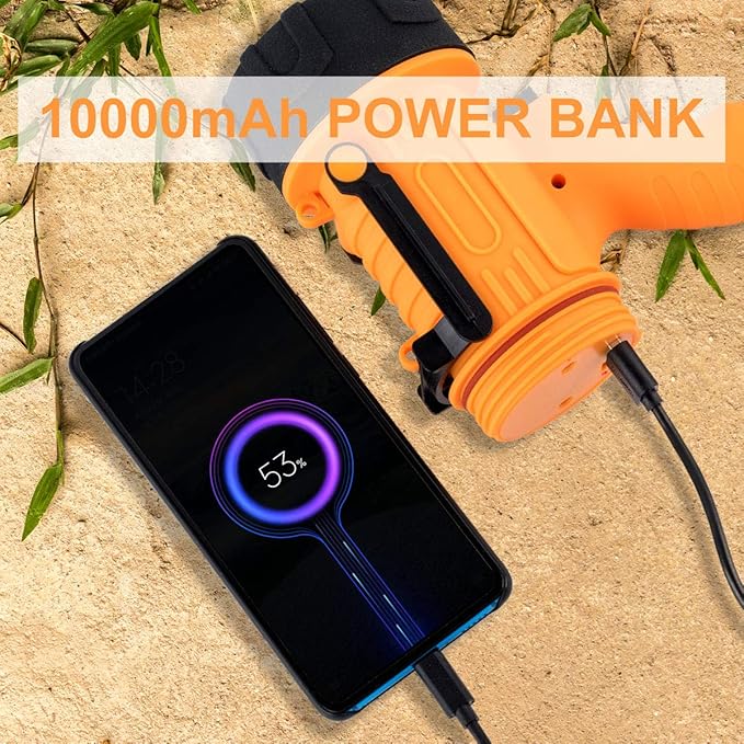 YIERBLUE Rechargeable Spotlight,Handheld Rechargeable Flashlight 200,000 Lumens LED, IP67 Waterproof 12 Hours Running for Boating, Camping, Hunting