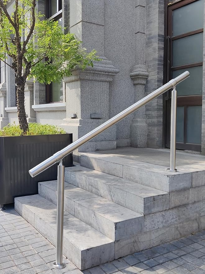 Outdoor 5 Step Handrail, DIY 304 Stainless Steel Transitional Hand Rails with Installation Kit,Silver Porch Stair Railing for Concrete Brick or Wooden Steps, 67x36