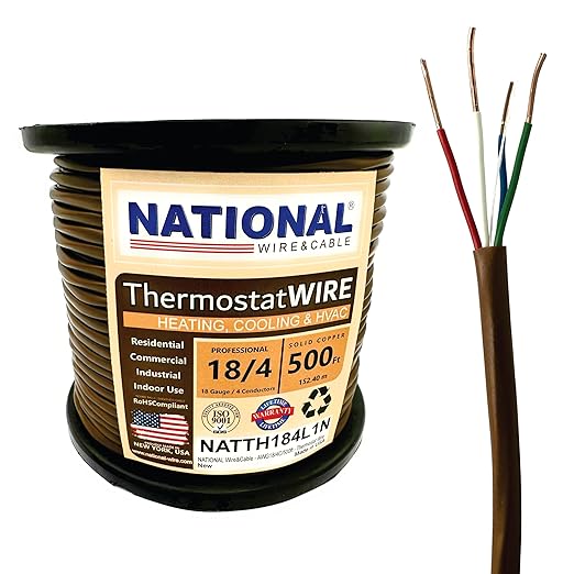 18/4 500Ft. NATIONAL Wire&Cable Thermostat Doorbell HVAC Heating Control Professional Cable Wire - Made in USA - 100% Solid Copper Conductors, CL2 ETL Listed, Low Voltage Applications Use