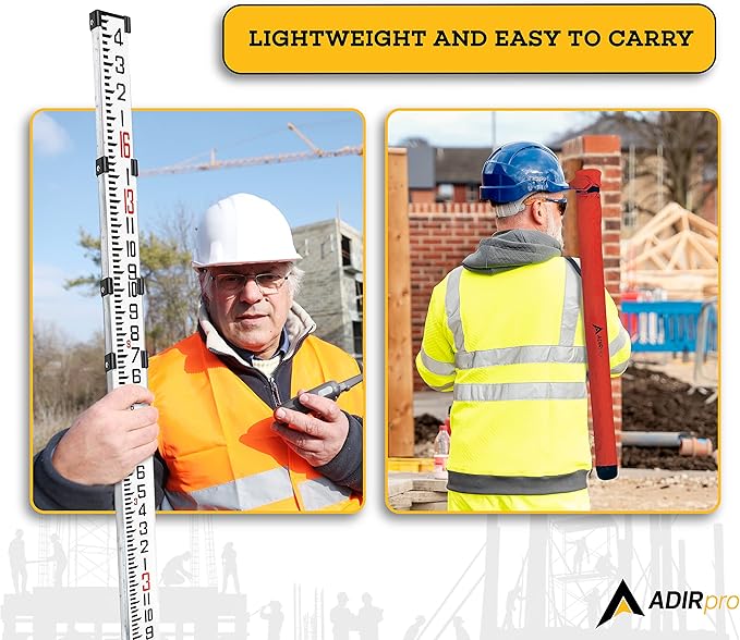 AdirPro 16-Foot Aluminum Grade Rod – 8ths, Dual Sided 5-Section Telescopic Leveling Rod – Bubble Level and Soft Carrying Case Included