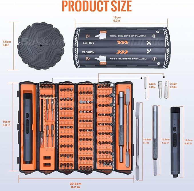 3.7V Mini Electric Screwdriver, 138 in 1 Cordless Screwdriver Rechargeable, 120 Magnetic S2 Steel Bits,Repair Tool Kit with LED Light, Pry Bar, Suitable for Electronics, Phone, Camera, Watch (Orange)