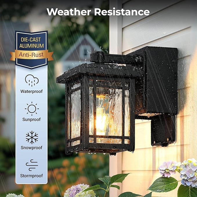 Porch Light with GFCI Outlet, Black Dusk to Dawn Outdoor Wall Light, Exterior Sconce Light Wall Mount, Waterproof Outdoor Garage Lighting Fixtures, Modern Outside Wall Lantern for House, Coach