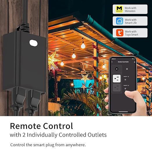 Minoston Outdoor Smart Plug Wi-Fi Plugs Outlet with 2 Individual Control Sockets, Weather-Resistance, Work with Alexa, Google Assistant, 125V, 2.4 GHz Wireless Frequency, No Hub Required (MP24W)
