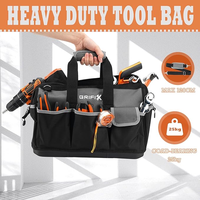 17-inch Tool Bag, Tool Box Organizer Storage, Wide Mouth Tool Tote Bag with Large Zipper, 17-Pocket Portable Adjustable Shoulder Strap and Ergonomic Handle (17" Molded Base)