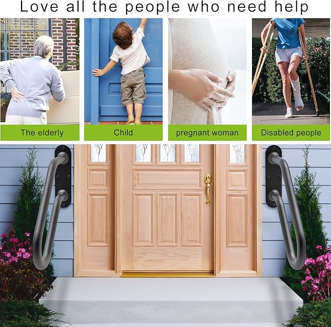 SELEWARE Heavy Duty Non-Slip Handrails for Outdoor 1-2 Step, Wall Mount Stair Hand Railing Grab Bars, U-Shape Safety Handle for Garage, Porch, Garden (Dia 1.3" Pipe, Black)