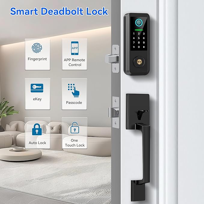Fingerprint Smart Door Lock with Handle Set, Keyless Entry Door Lock with Keypad,5-in-1 Deadbolt,Bluetooth Deadbolt with Auto Lock,Black