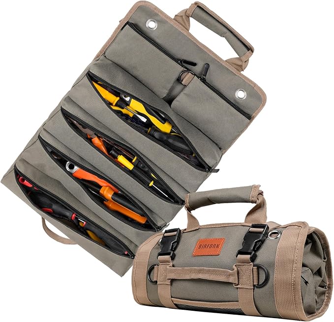Roll Up Tool Bag, Heavy Duty Tool Organizer Bag, Portable Tools Bag with 6 Tool Pouches for Mechanics, Electricians, DIY Projects, Gifts for Men Dad Husband (Army Green)