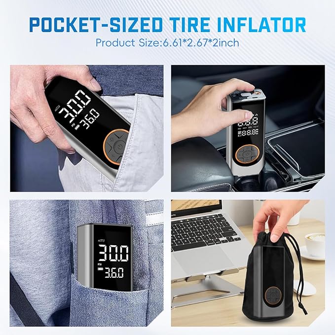 Tire Inflator Portable Air Compressor, 150PSI Cordless Air Pump for Car Tires, 4X Faster 12V DC Tire Pump with Tire Pressure Gauge, LED Light for Cars, Motorcycles, Bikes, Balls (Silver)