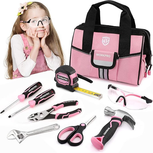 WORKPRO 9-Piece Kids Real Hand Tool Set, Pink Junior Tool Kit with Storage Bag for Boys, Girls, Children DIY Building and Woodworking, Age 8+